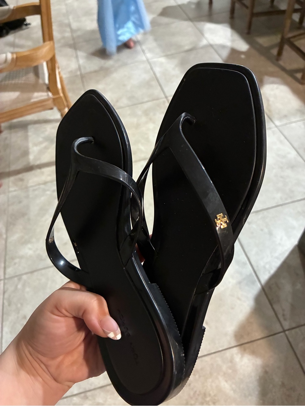 Tory Burch Black Jelly Thong Sandals with Gold Logo